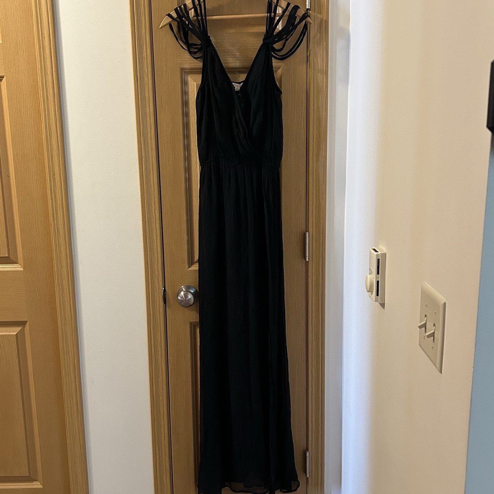 Ella Moss Black Solid Chiffon Maxi Dress Romper V-Neck Straps S ED17175