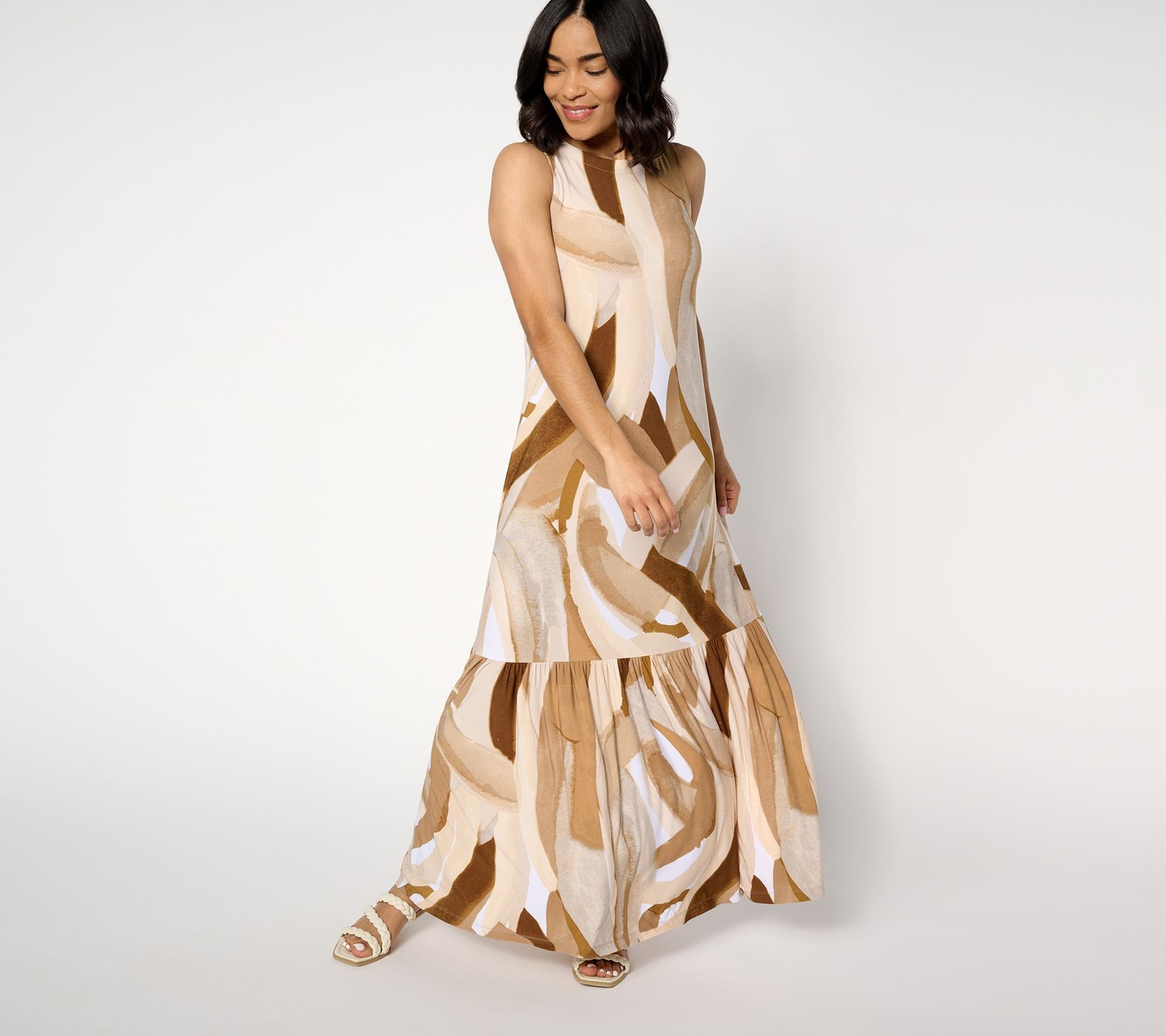 Susan Graver Regular Printed Liquid Knit A-Line Back Tie Maxi Dress Sand/Caramel