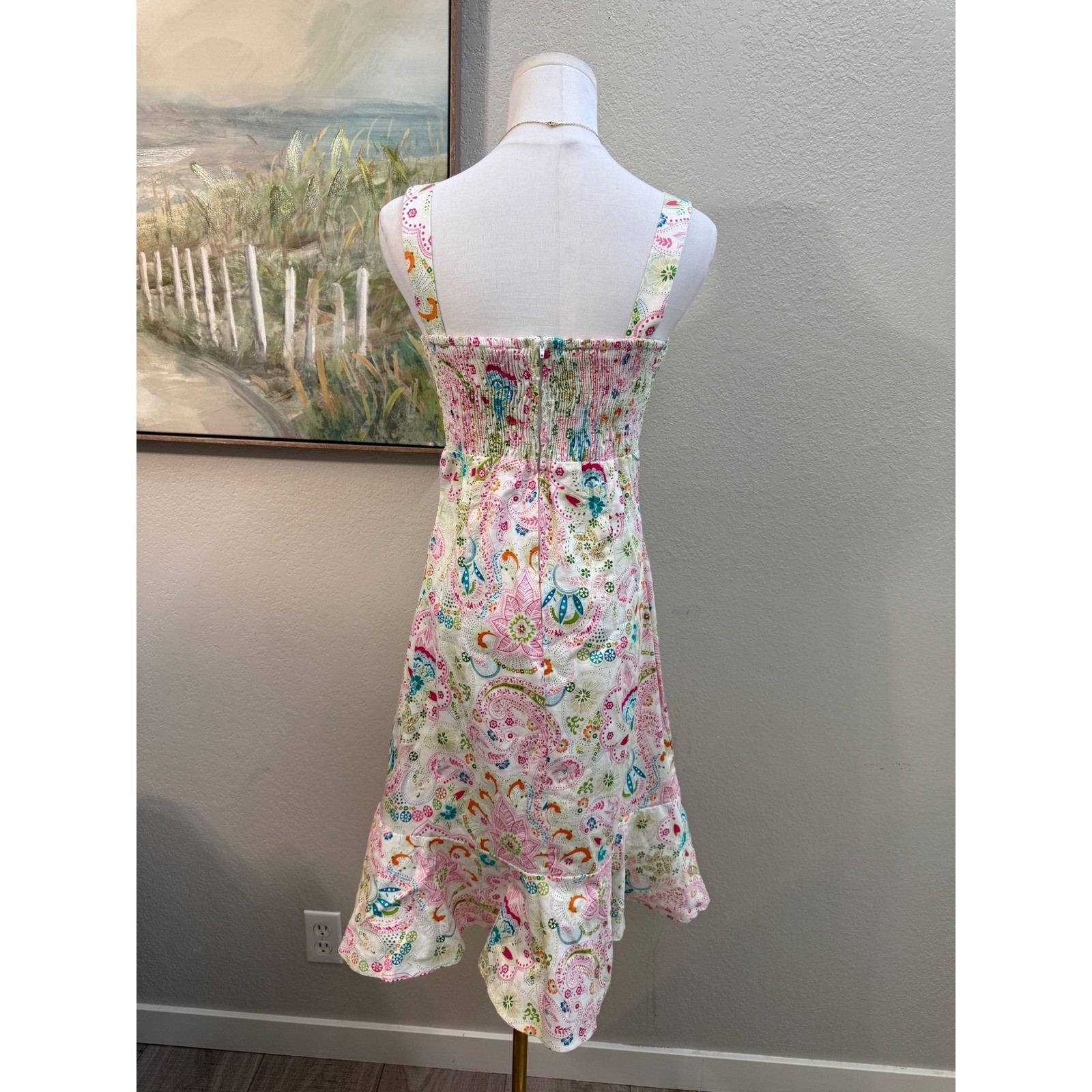 Karin Stevens Y2K Paisley Cotton Sundress Pink Floral Ruffle Hem Size 10