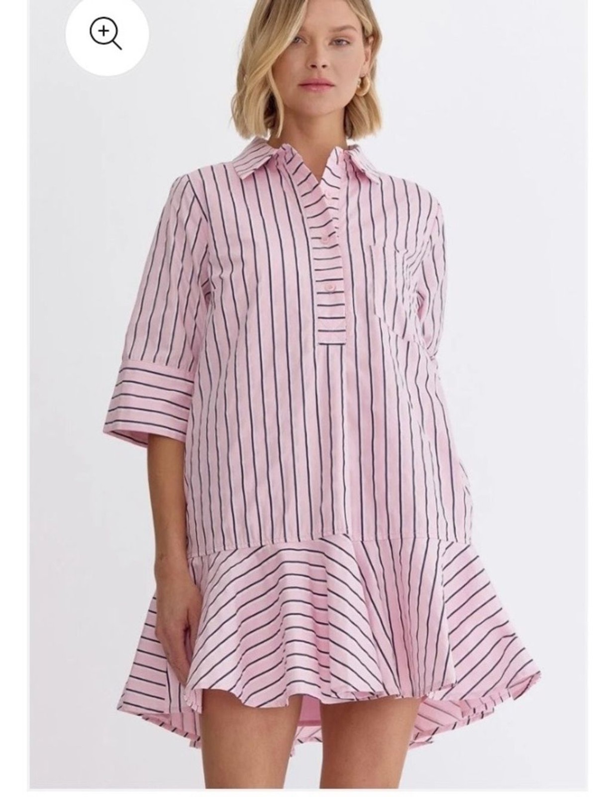 Entro Pink White and Navy Parker Striped Ruffle-Hem Mini Shirt Dress Size S