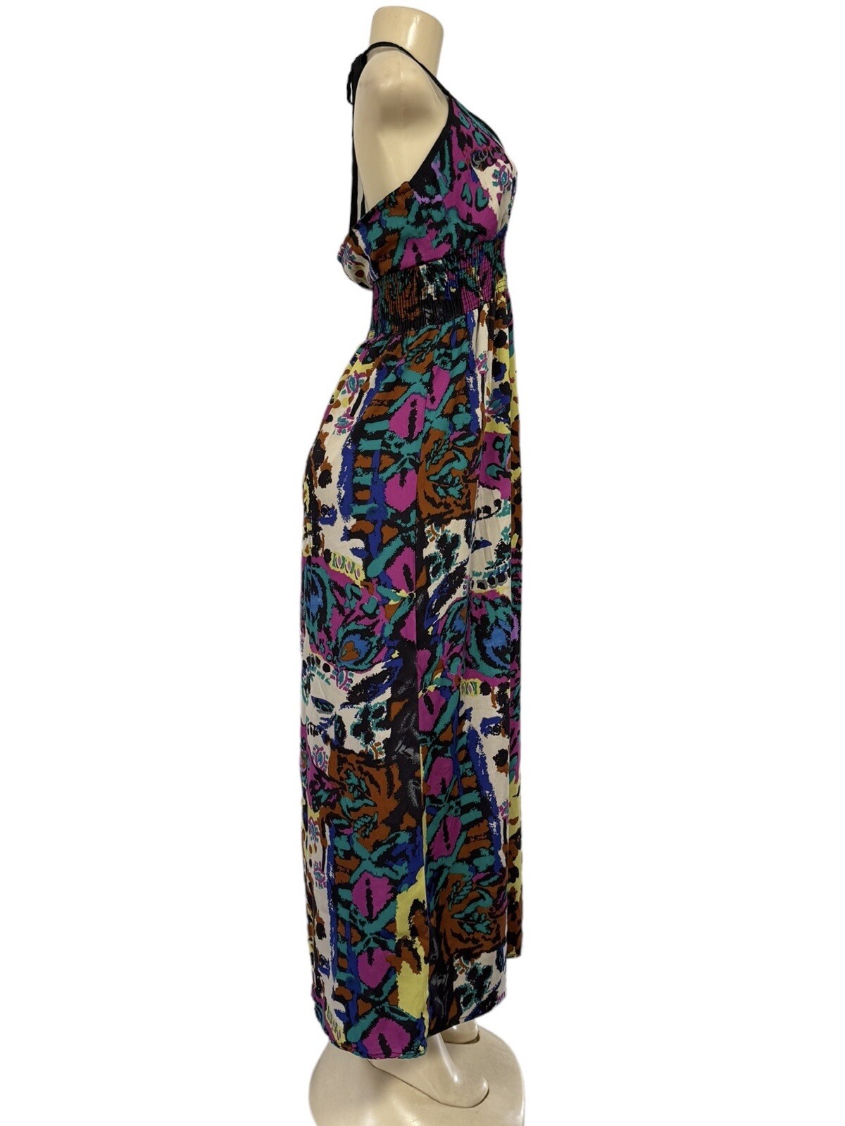 Vintage Millennium Halter Maxi Dress Black Animal Print Stretch Geometric Y2K M