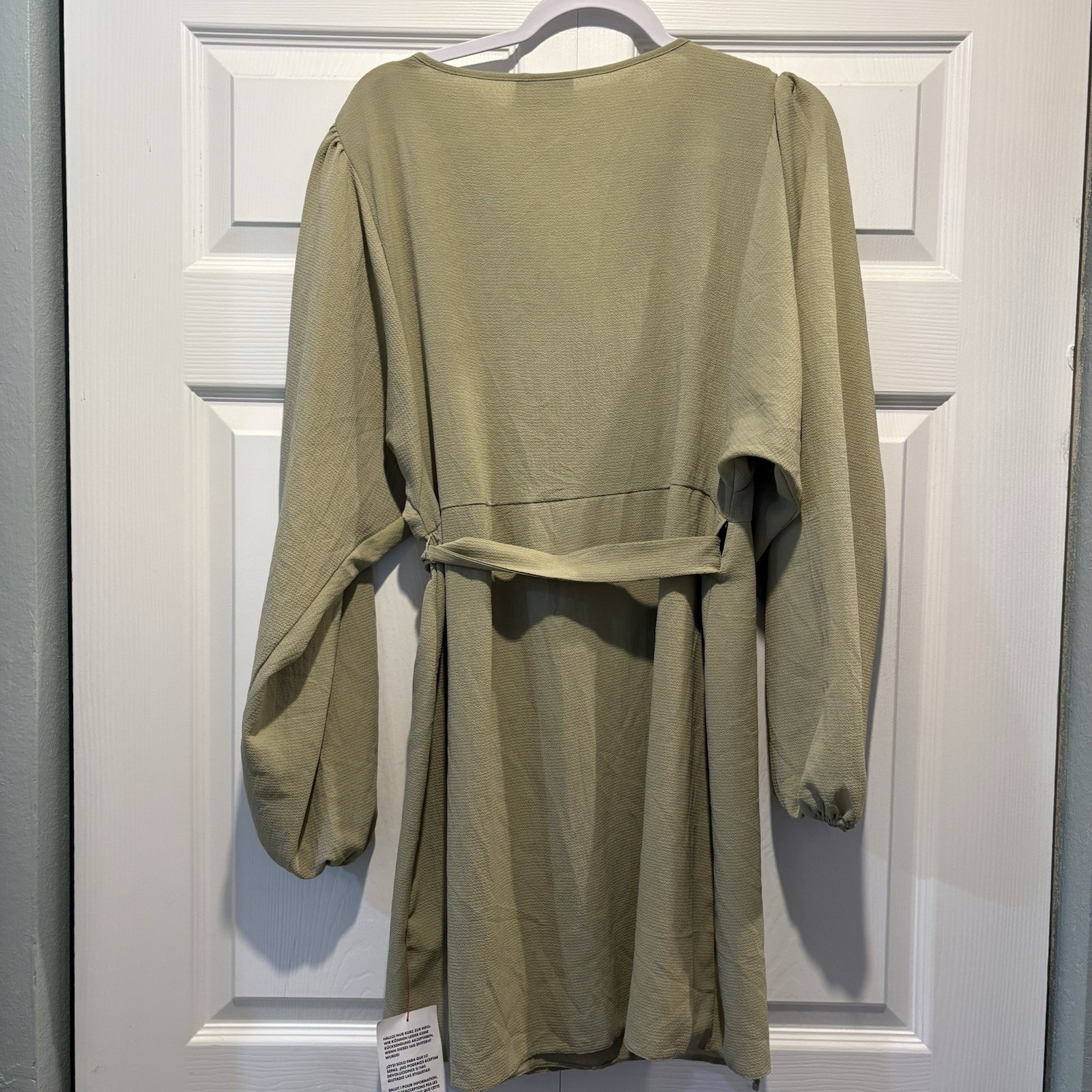 ASOS DESIGN Textured Khaki Wrap Mini Tea Dress Long Sleeve Tie Waist US 12 NEW