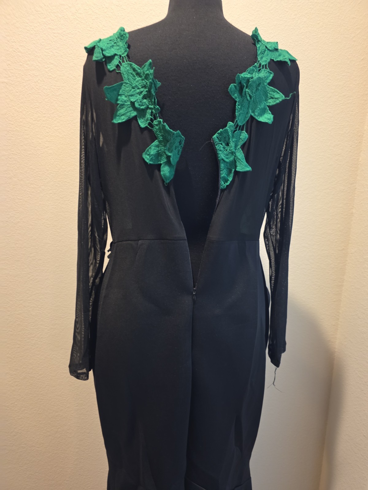 Size Large Green And Black Long Evening Grown Scuba Knit And Sheer Stretchy