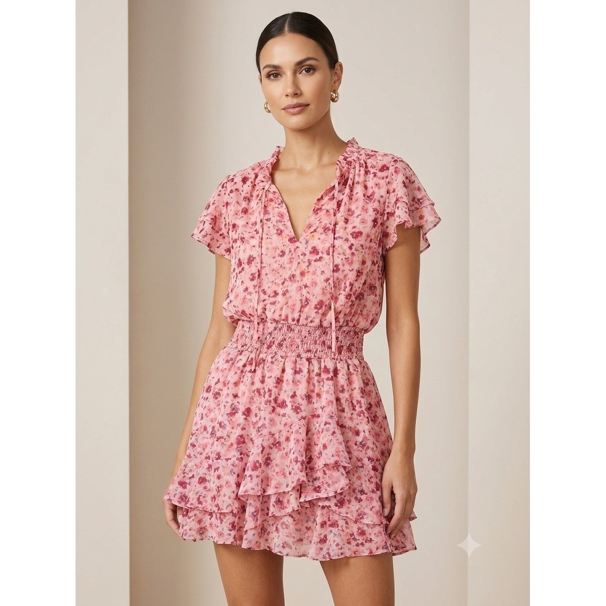 MISA Los Angeles Pink Floral Chiffon Smocked Mini Dress Ruffle Flutter Sleeve XS