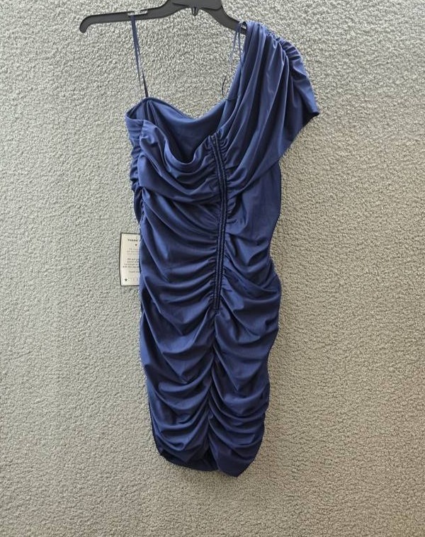 B. Darlin Plus Size Ruched One-Shoulder Dress 18W Navy Solid Back Zip Closure