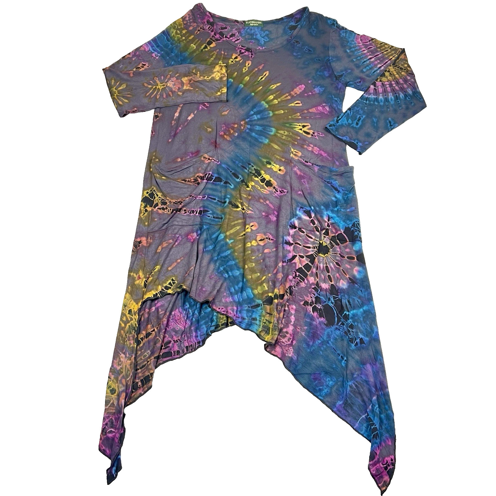 Kathmandu Imports Boho Tie Dye Asymmetric Dress Multicolor Festival Hippie L/XL