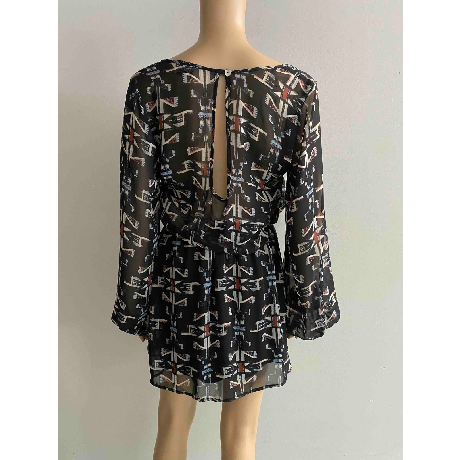 Show Me Your Mumu Rainey Mini Dress Black Geometric Tribal Print Long Sleeve M