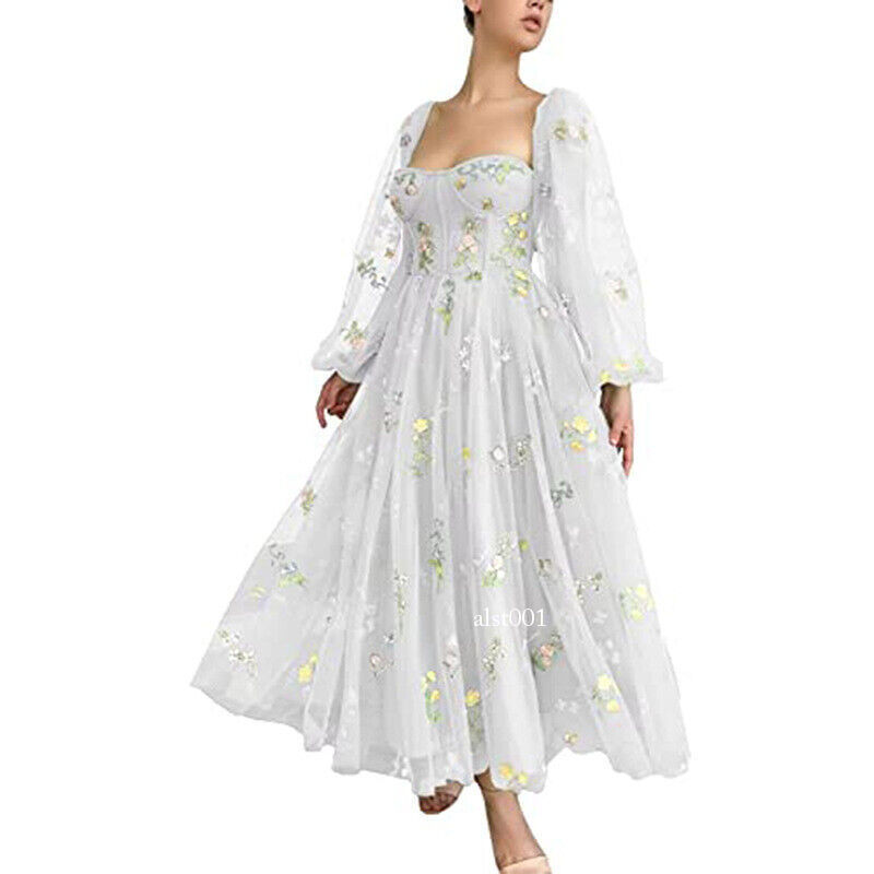 LADY Womens Embroidery Flower Puffy Sleeve Prom Dress Lace Up A-line Midi Dress