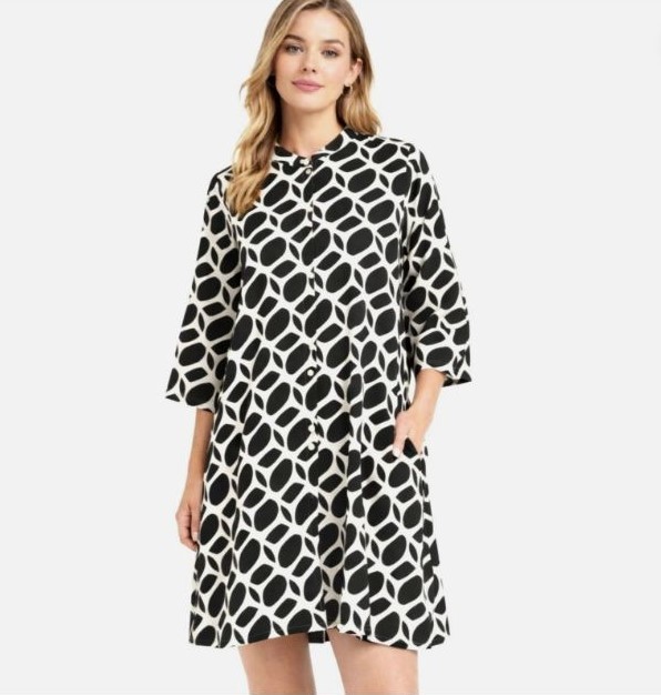 Bryn Walker XS Winona Tunic A-Line Shirt Dress Black White Geo Print Pockets
