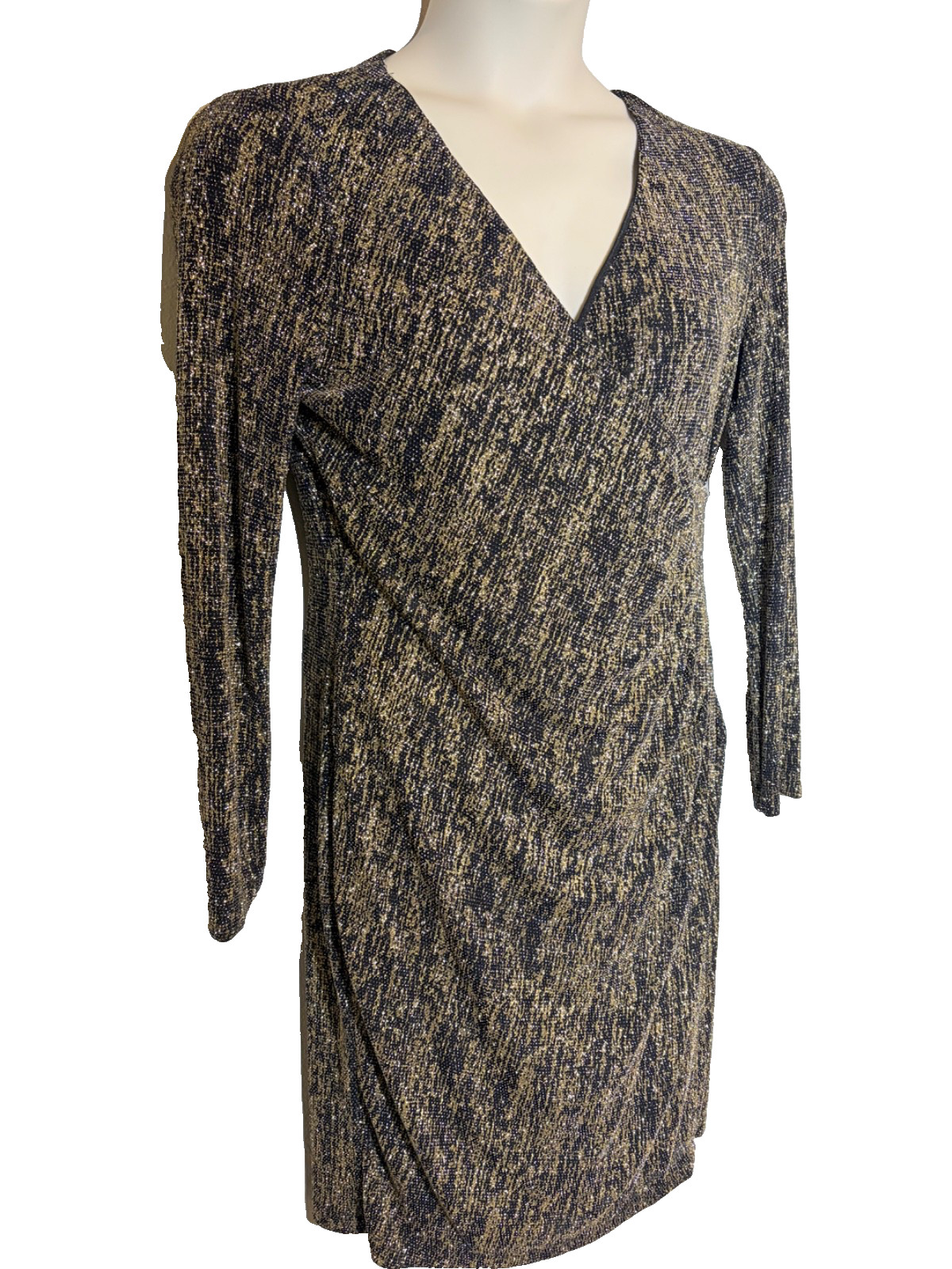 Calvin Klein Black & Gold Metallic Dress~12~ V Nk Sheath Long Slvs Evening Glam