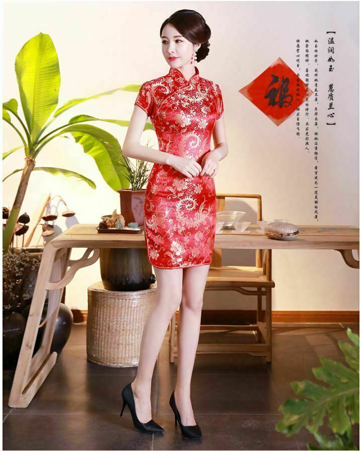 New Luxurious Red Satin Chinese Floral Short Dress Cheongsam Qipao dress