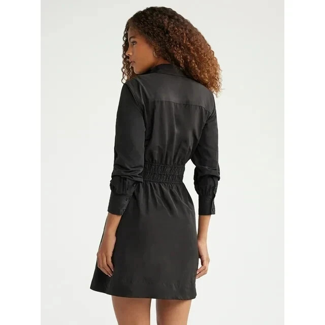 FREE ASSEMBLY – SIZE: S – Black Mini Shirt Dress With Smocked Waist & Pockets!