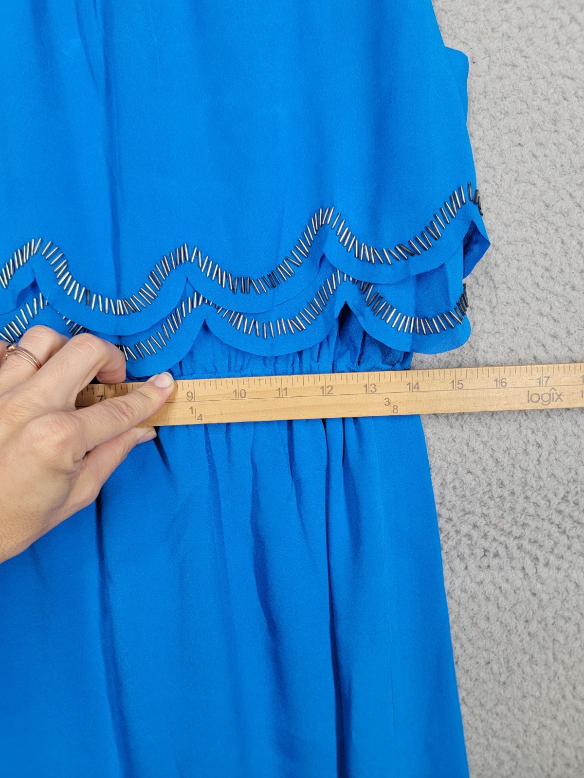 Blue Scalloped Beaded Party Dress Small Gianni Bini Layered Ruffle Sleeveless