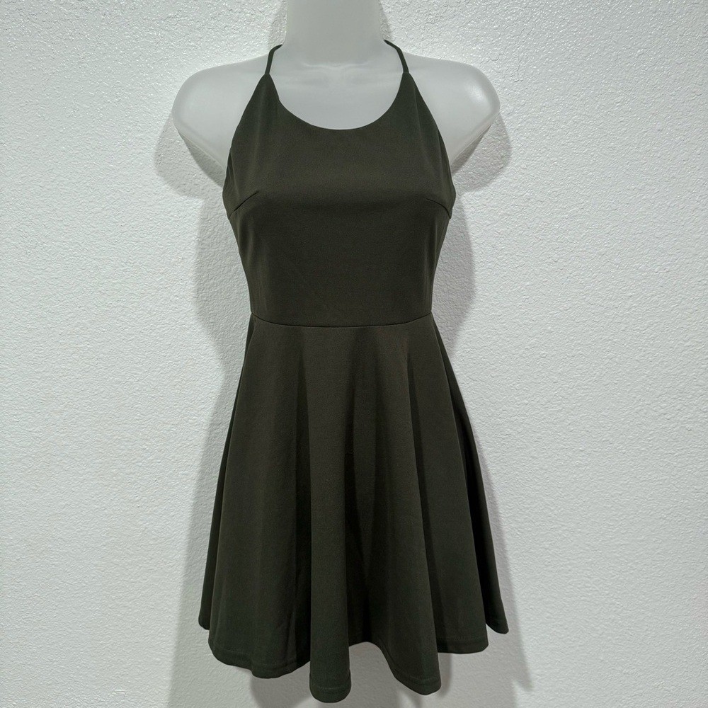 NWT fashion q green lace up a line fit & flare cami spaghetti strap skater dress