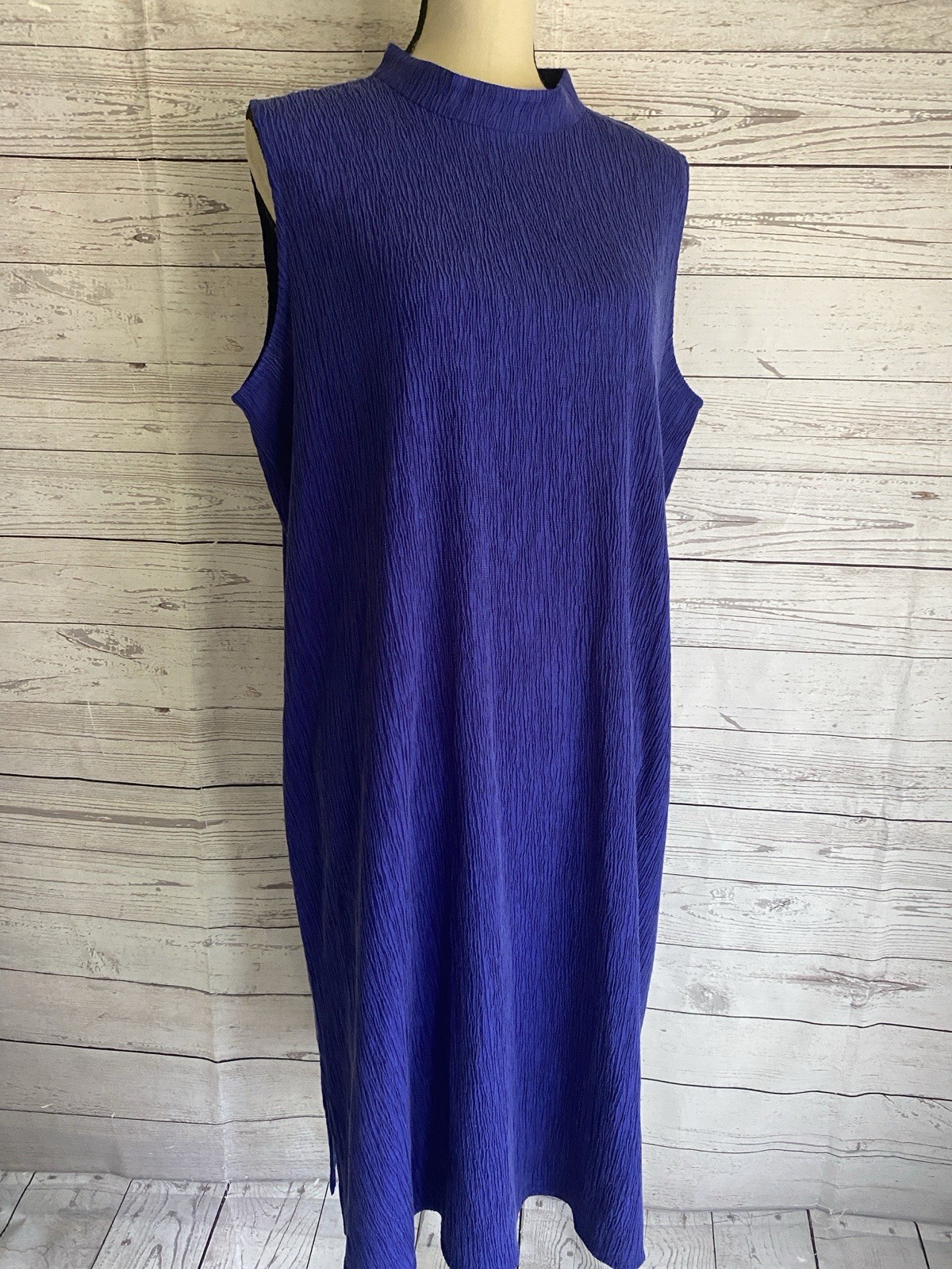 EILEEN FISHER WOVEN PLISSE MOCK NECK SLEEVELESS CRINKLE DRESS SZ L