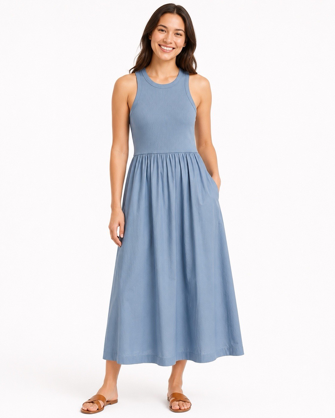 Old Navy Blue Mixed Media Tank Dress M Ribbed Bodice Midi Sundress