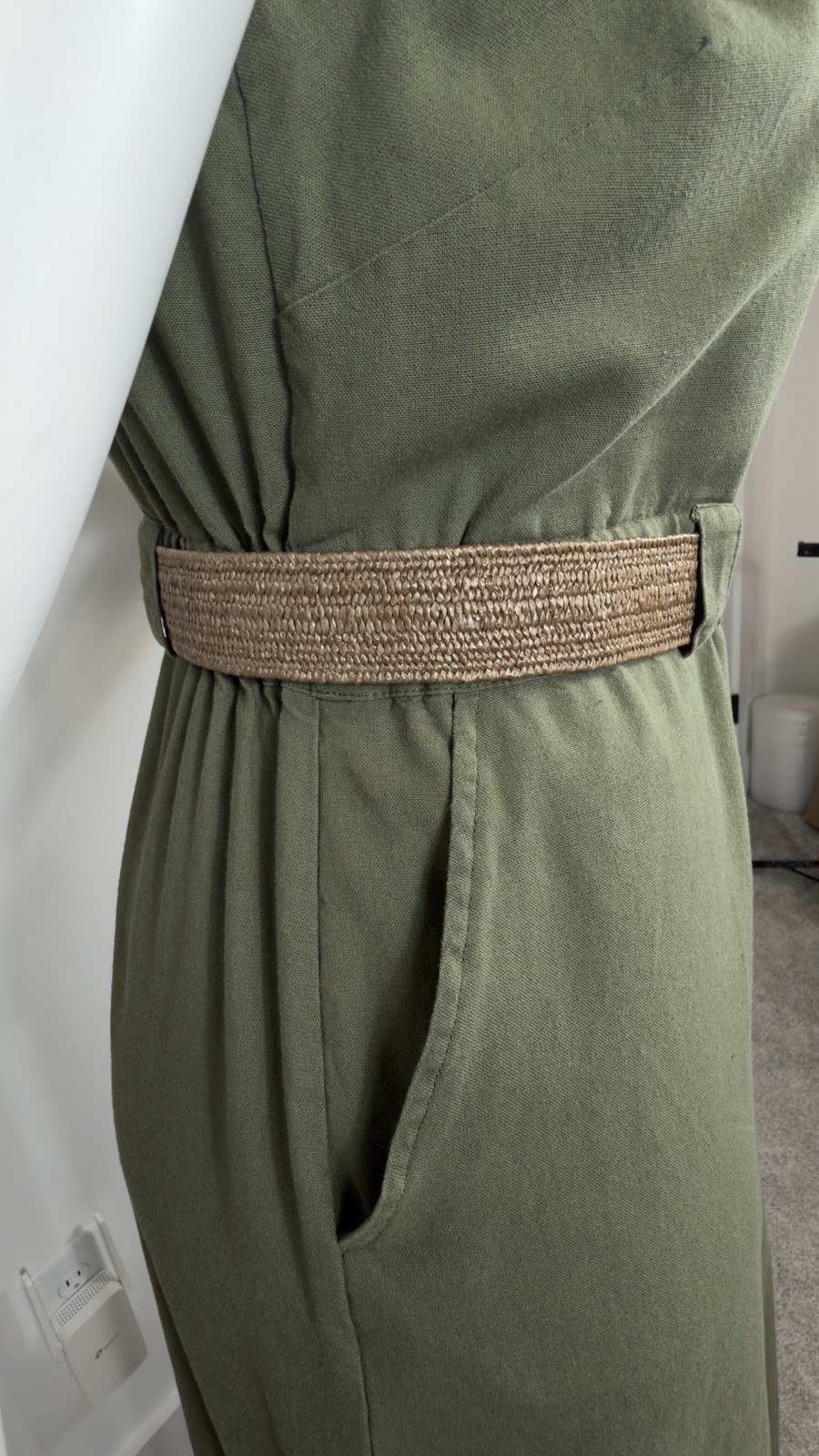 AK Plus Size Olive Green Linen Blend Midi Dress Belted Pockets Size XL/GG