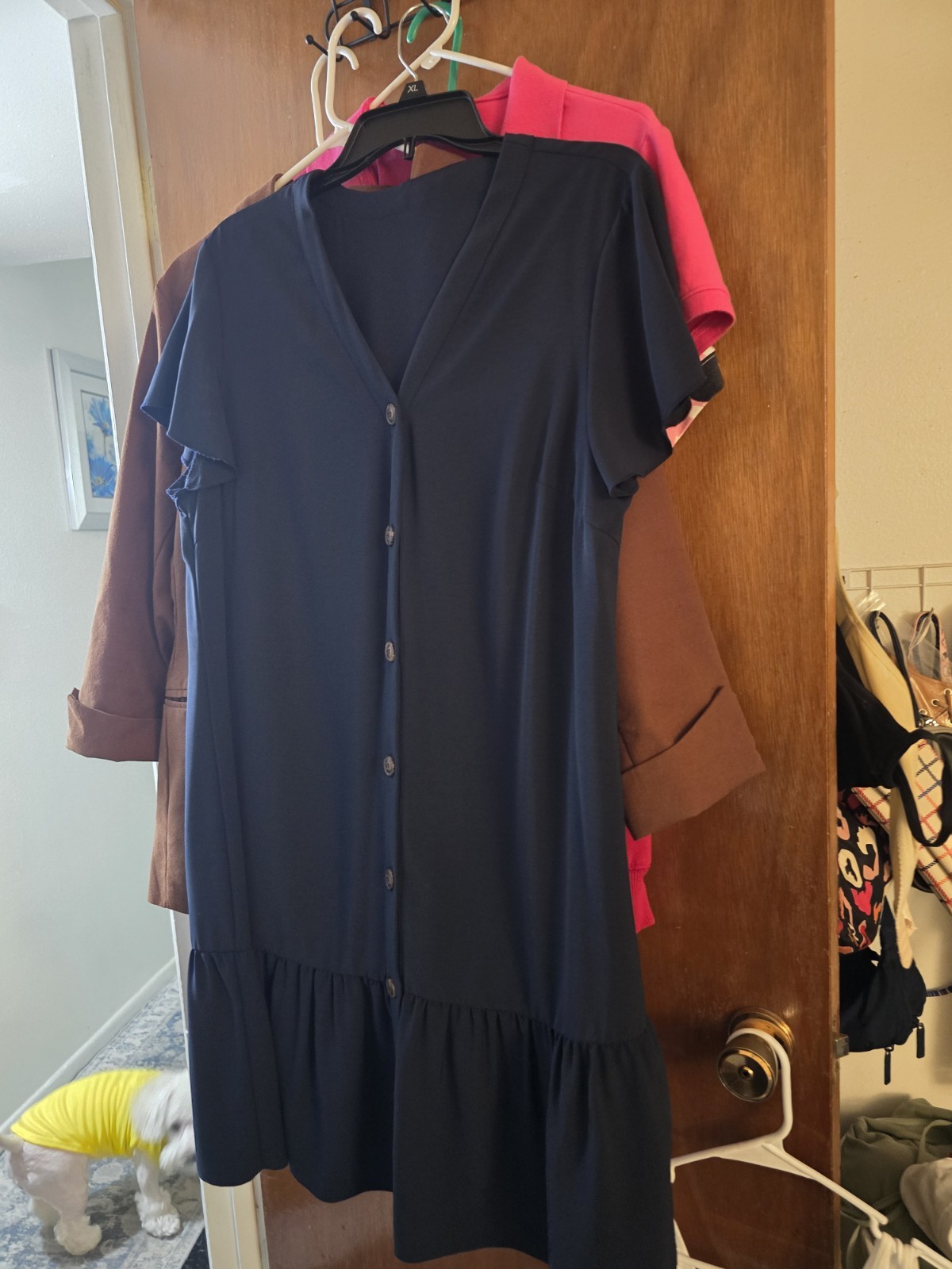 Women’s L/XL Navy Solid V-Neck A-Line Short Dress Button Front Flutter Sleeve