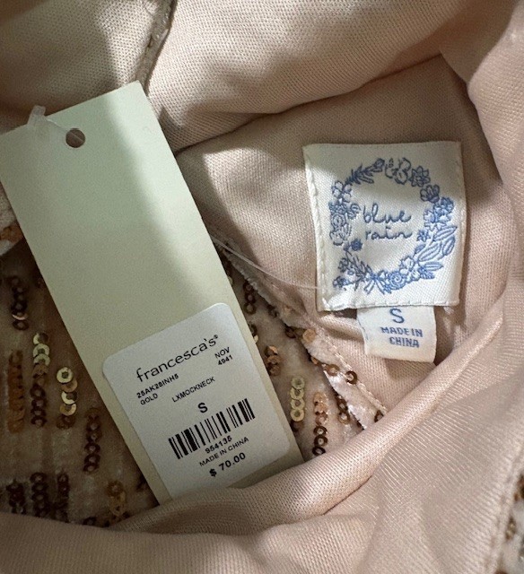 Francesca’s Blue Rain Mock Neck Sequin Mini Dress Womens S Beige Gold Open Back