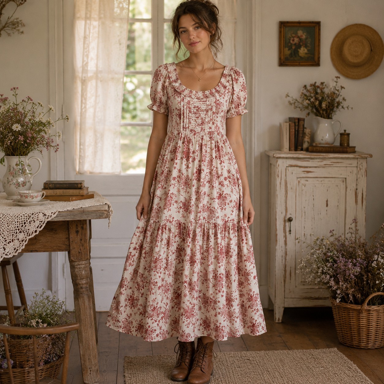 GiGiO Cottagecore Prairie Maxi Dress Red Toile Floral Smocked S Ruffle Bib Boho