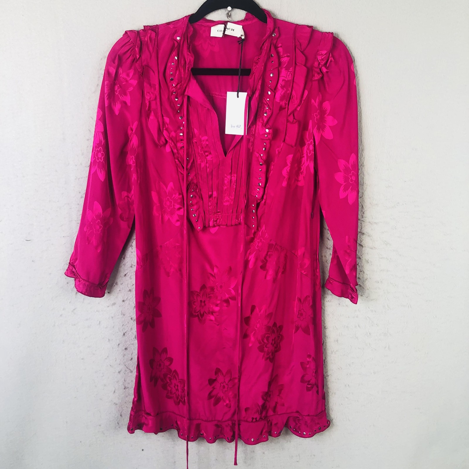 Coach 1941 Dress Womens 0 Fuchsia Ruffle Studded Floral Jacquard Viscose 232843