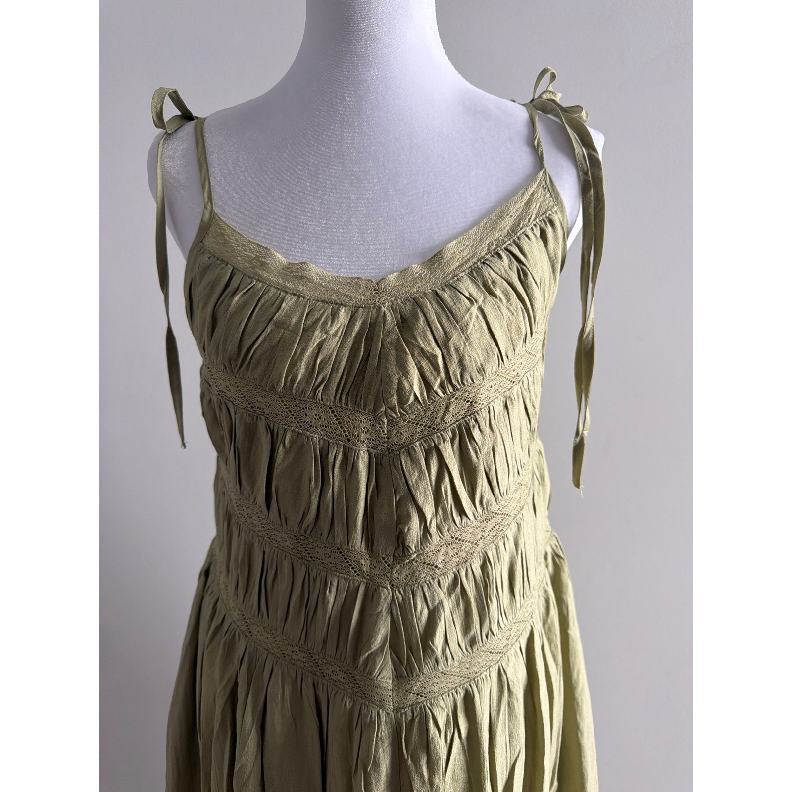 Storia Boho Green Crochet Lace Chevron Tie Strap Pleated Midi Dress Sleeveless S