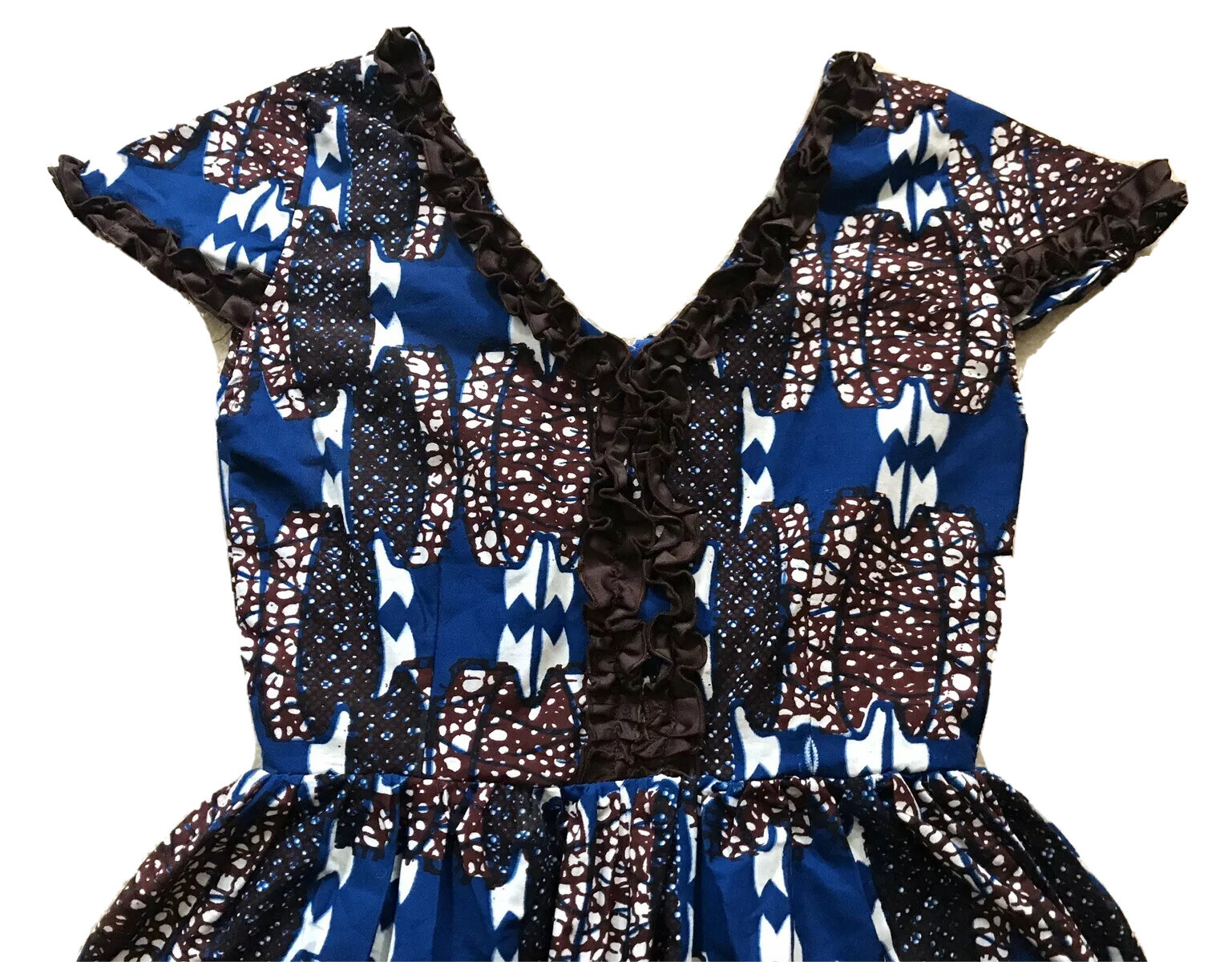 Handmade Dutch Wax Print Short Sleeve Dress Fit and Flare Small S XS Blue Brown