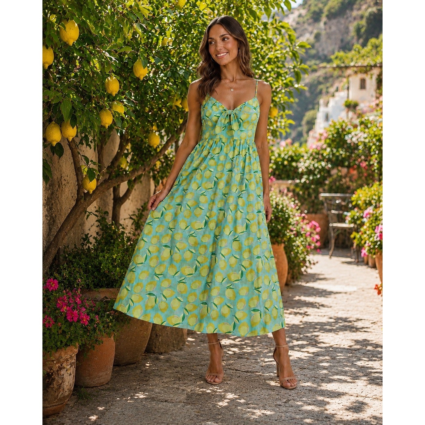 NWT Amalfi Coast Lemon Print Maxi Dress Boho Beachy Resort Vacation Summer Sz M