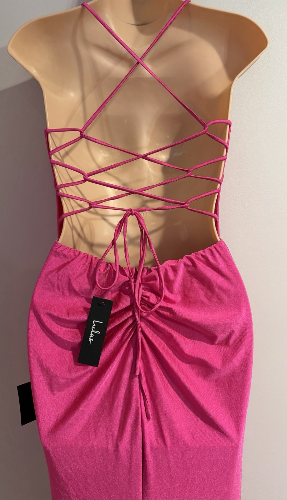 LULUS Divine Desires Hot Pink Satin Lace Up Back Mermaid Maxi Dress size S NWT