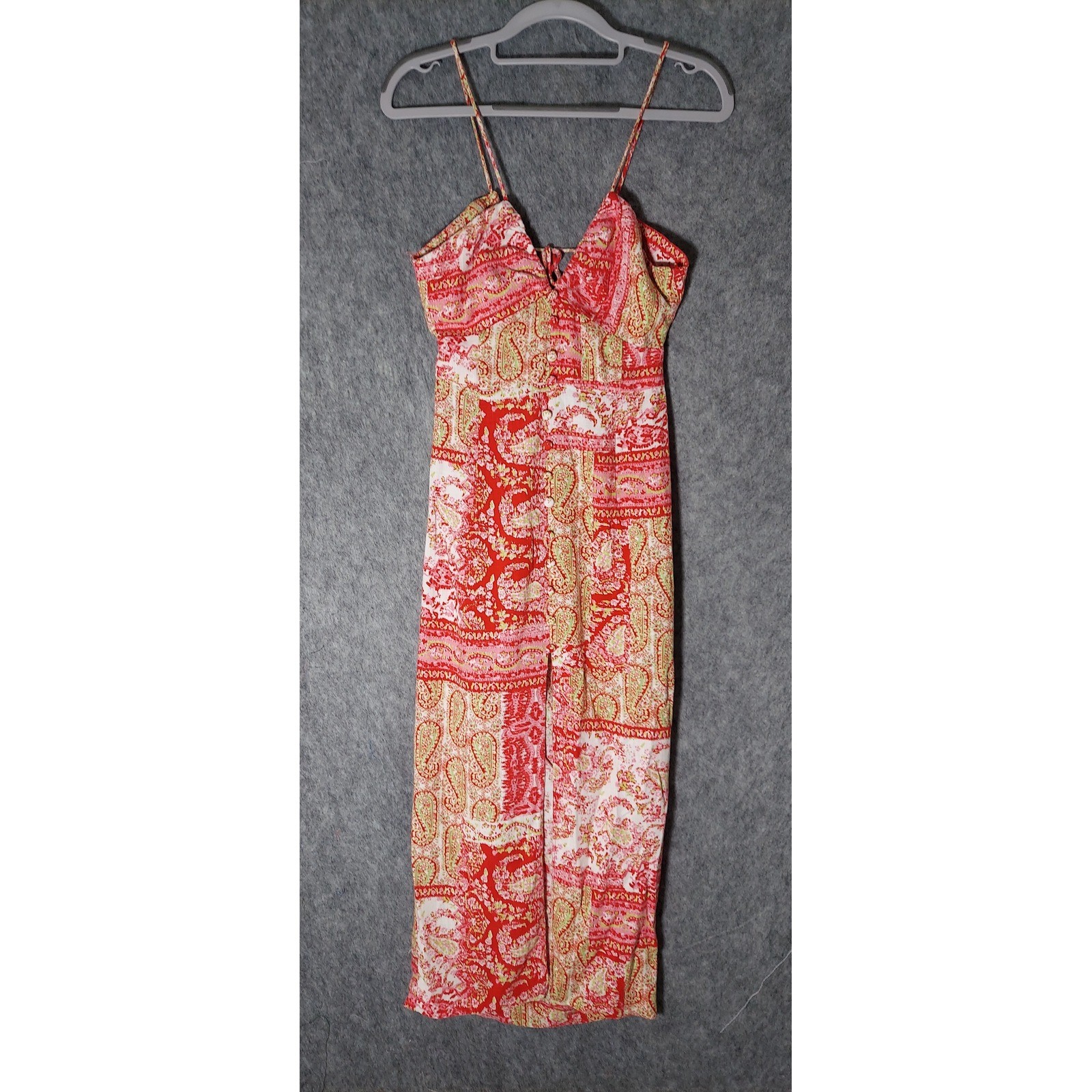 Zara Women Linen Midi Dress S Red Paisley Boho Cutout Back Button Front Slit