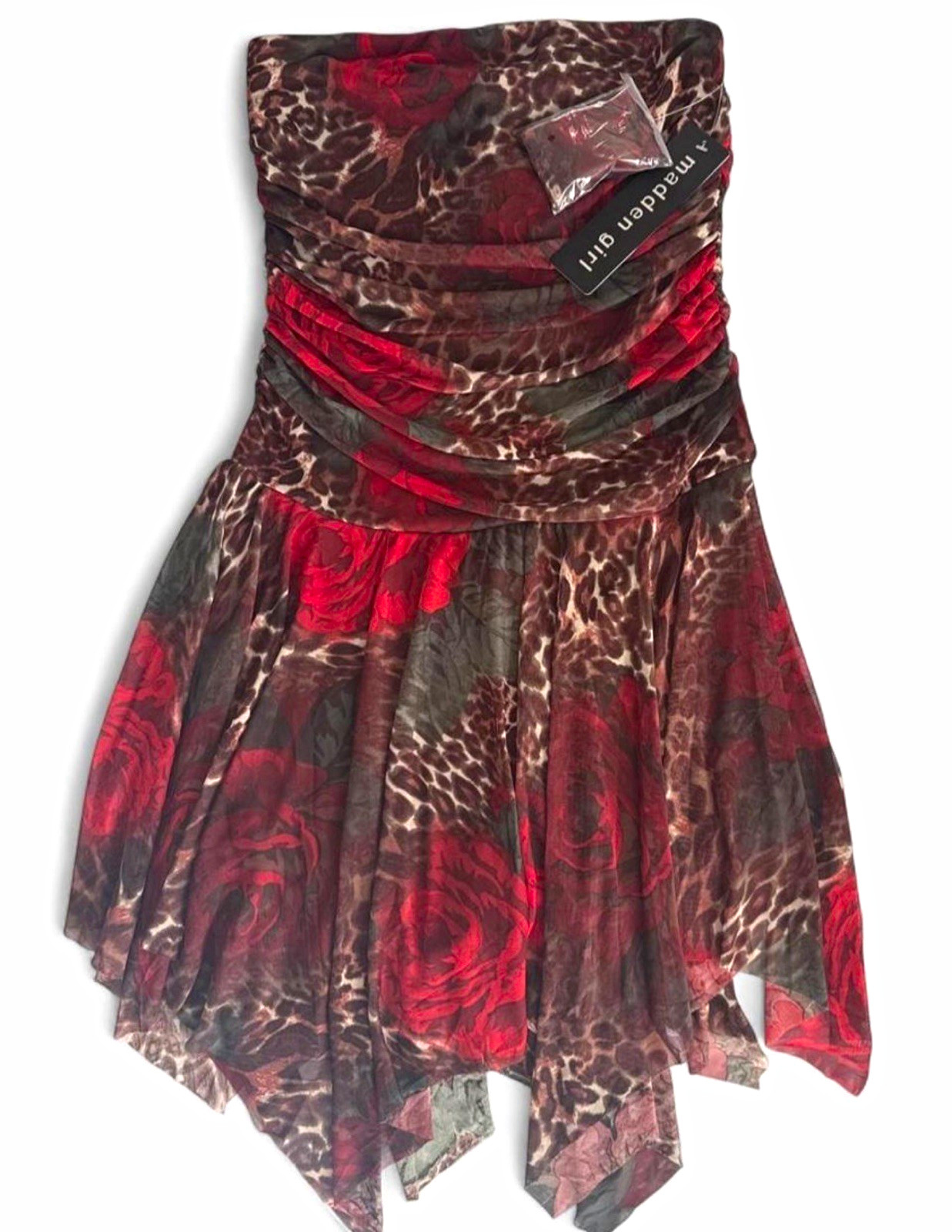 Madden Girl Strapless Dress Red Floral Leopard Animal Print Y2K – Size M – NWT
