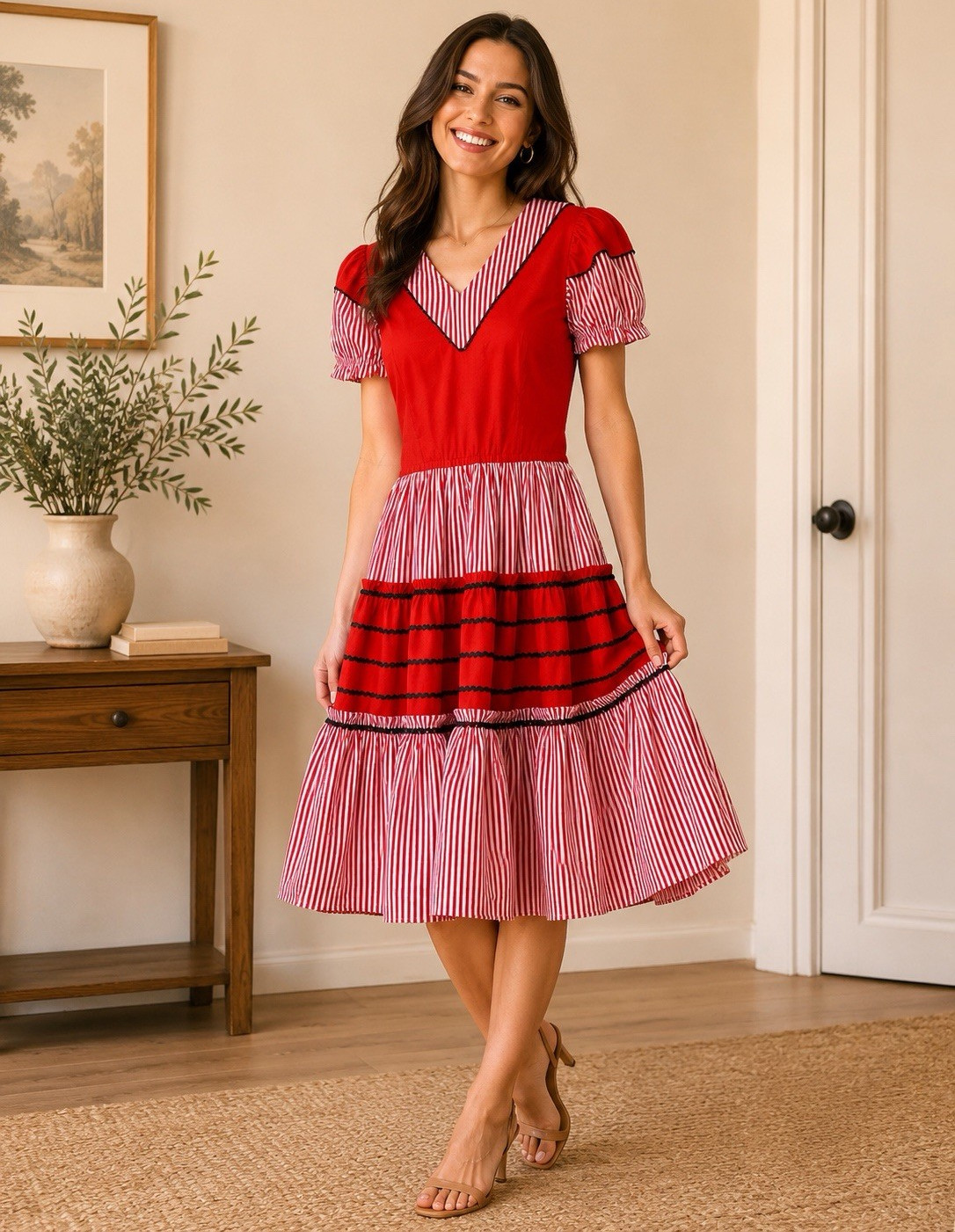 Women’s Red White Striped Prairie Midi Dress Puff Sleeve Small