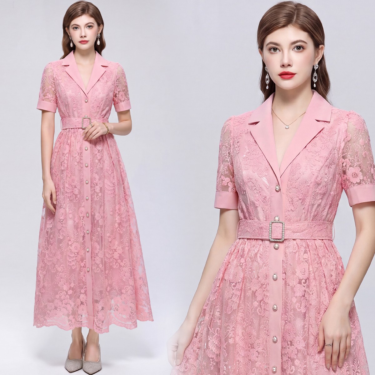 Summer Embroideried Notch V Neck Short Sleeve Belt Women Casual Party Lace Dress