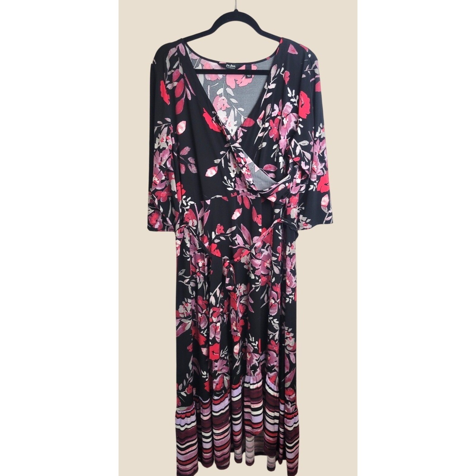 Du Jour Faux Wrap Midi Dress Floral Boho Ruffle Hem Petite XL Black Pink Red