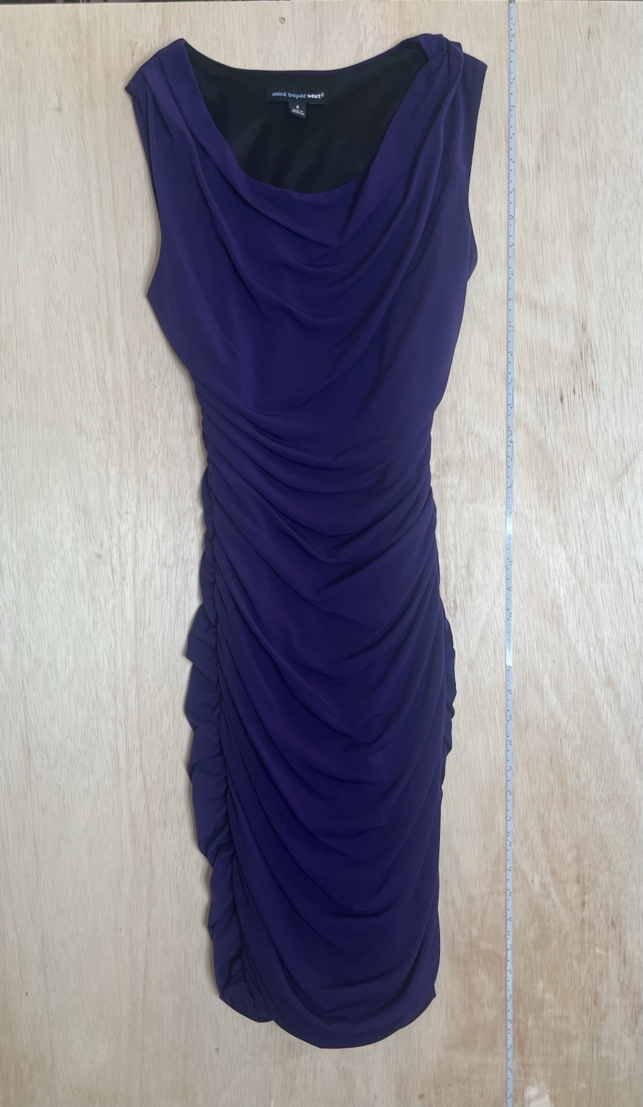 Saint Tropez West Royal Purple Ruched Midi Cowl Neck Sheath Bodycon Dress S 4