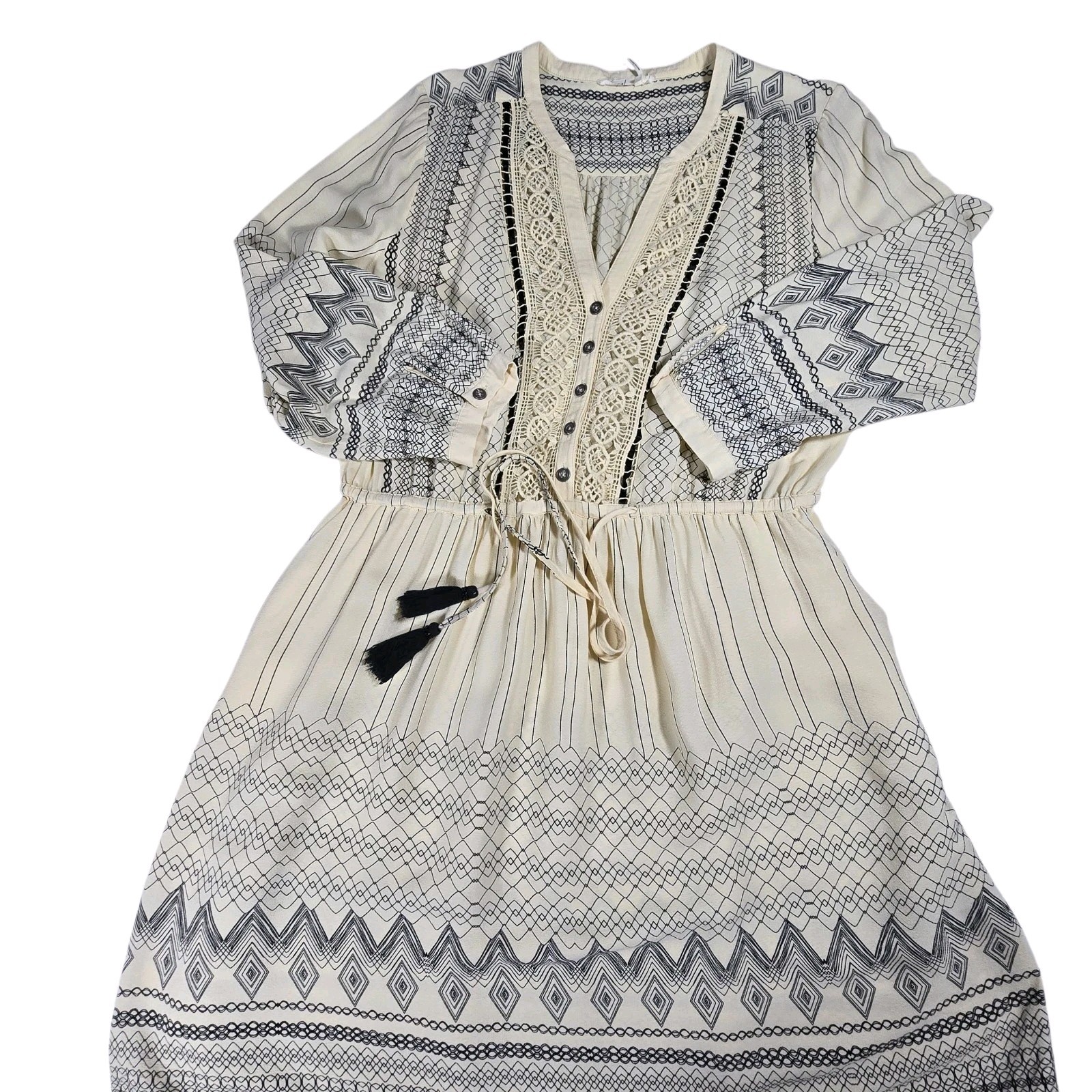 Anthropologie Floreat Perrie Peasant Dress Ivory Black Crochet Size 10 Boho