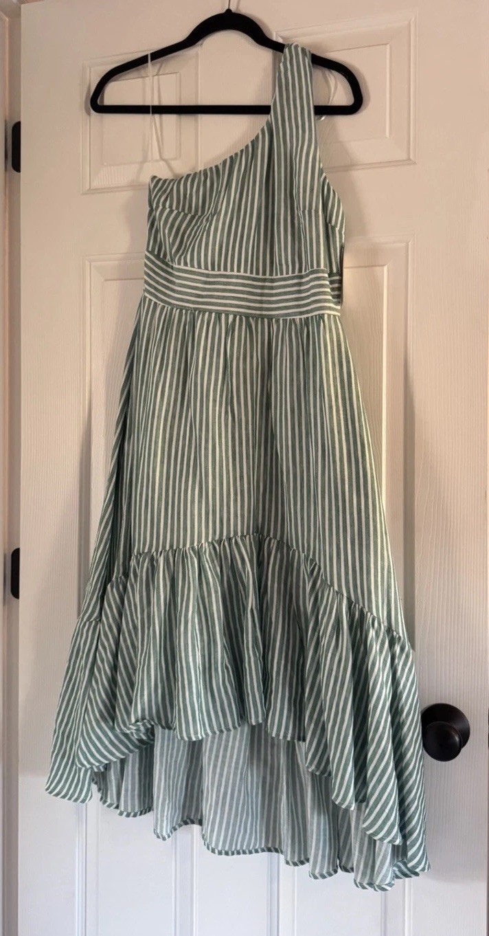 francesca’s Green/White Striped One Shoulder Ruffle Midi A-Line Dress Women’s S