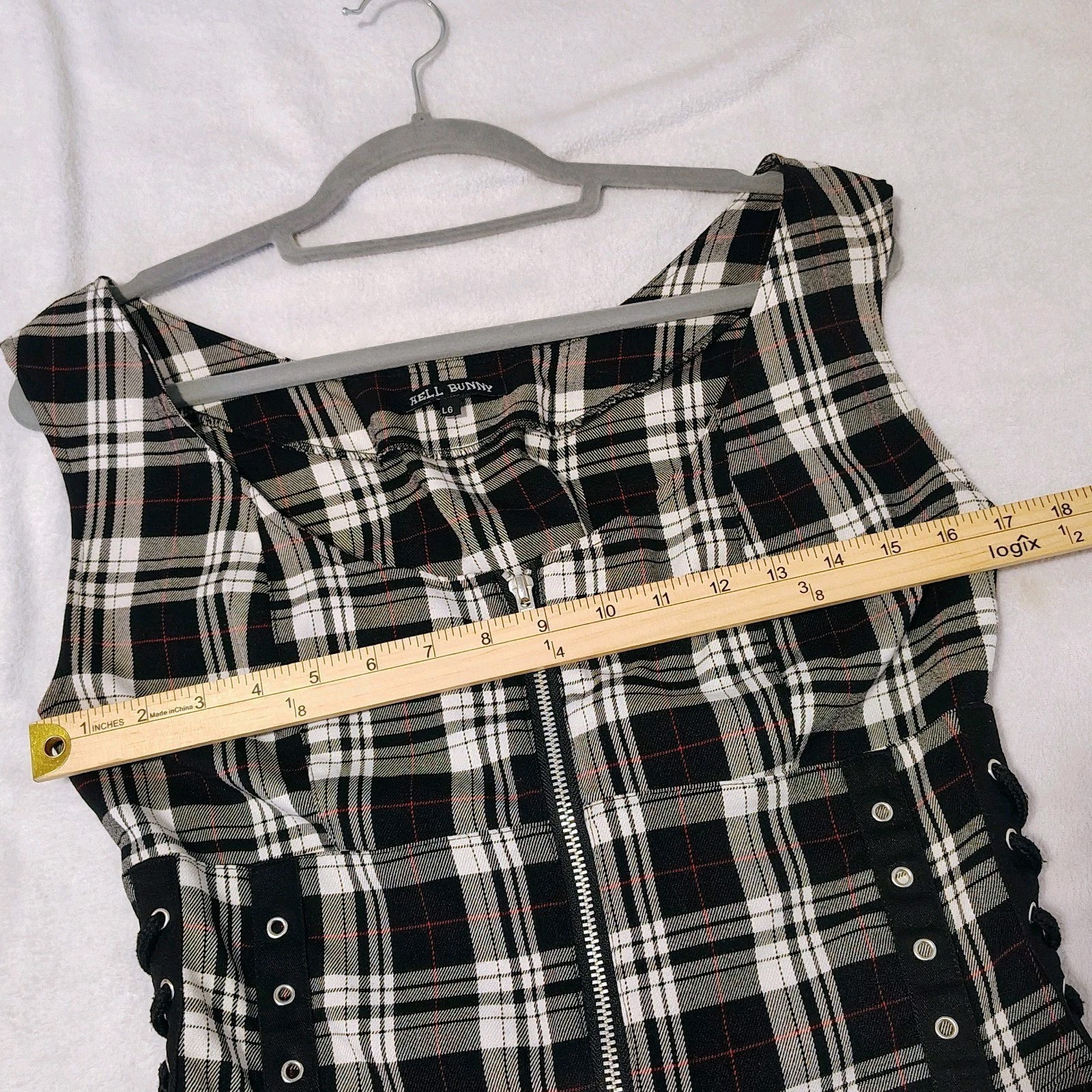 Hell Bunny Size Large Black White Plaid Corset Dress O-Rings Lace Up Sides Back