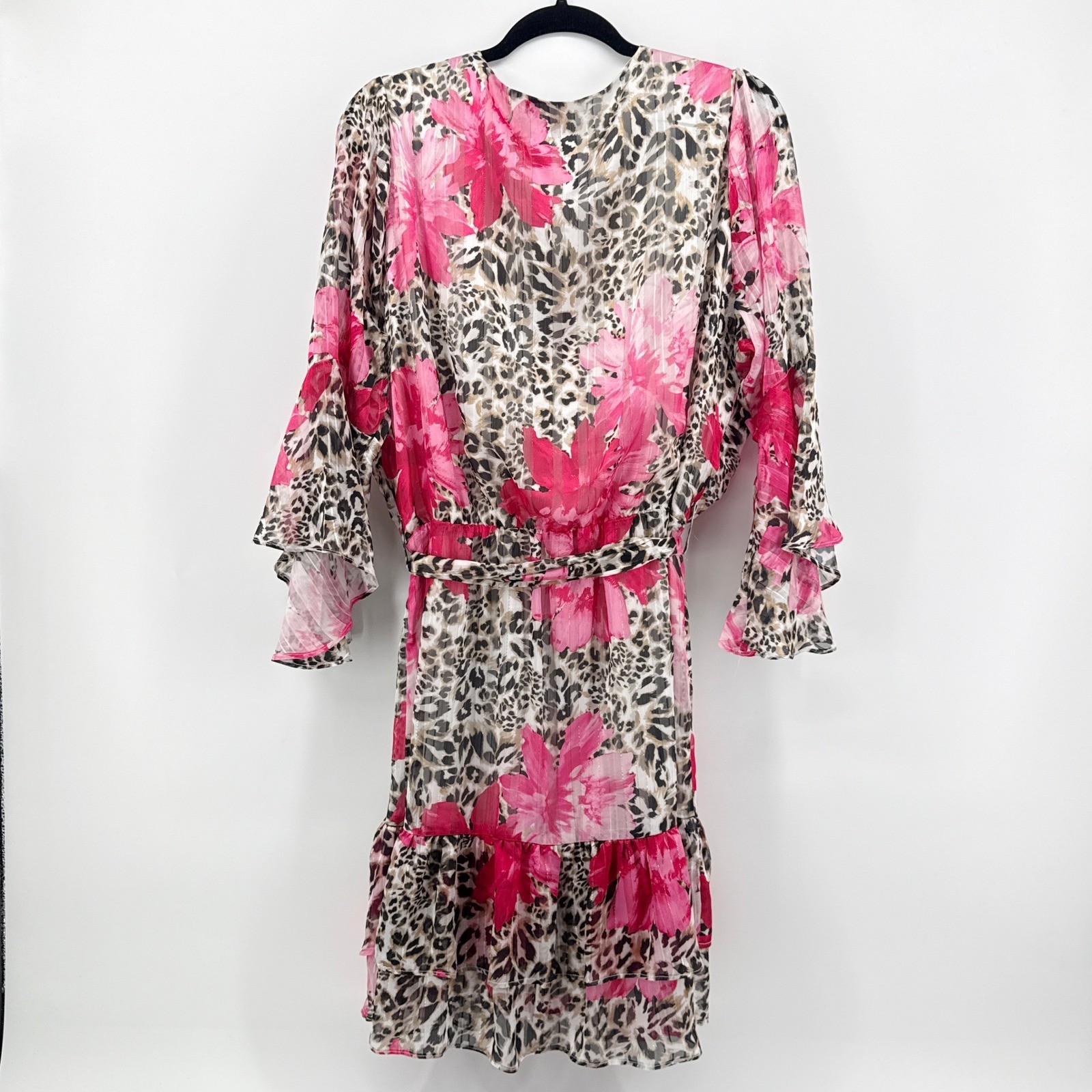 Boston Proper Pink Floral Leopard Print Wrap Dress Gold Lurex Bell Sleeve Large
