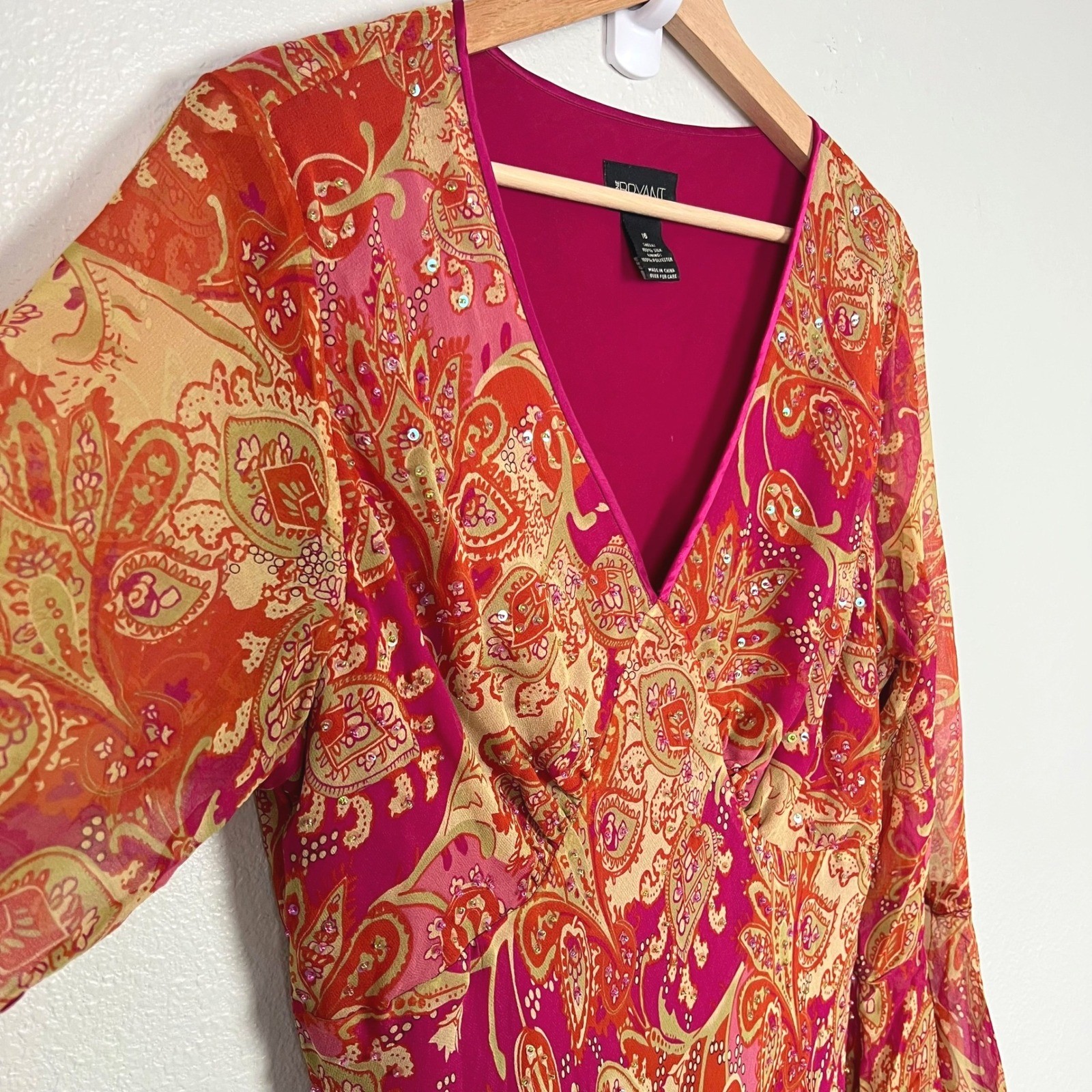 Lane Bryant Silk Paisley Sequin V-Neck Bell Sleeve Long Dress Size 16 Boho Fairy