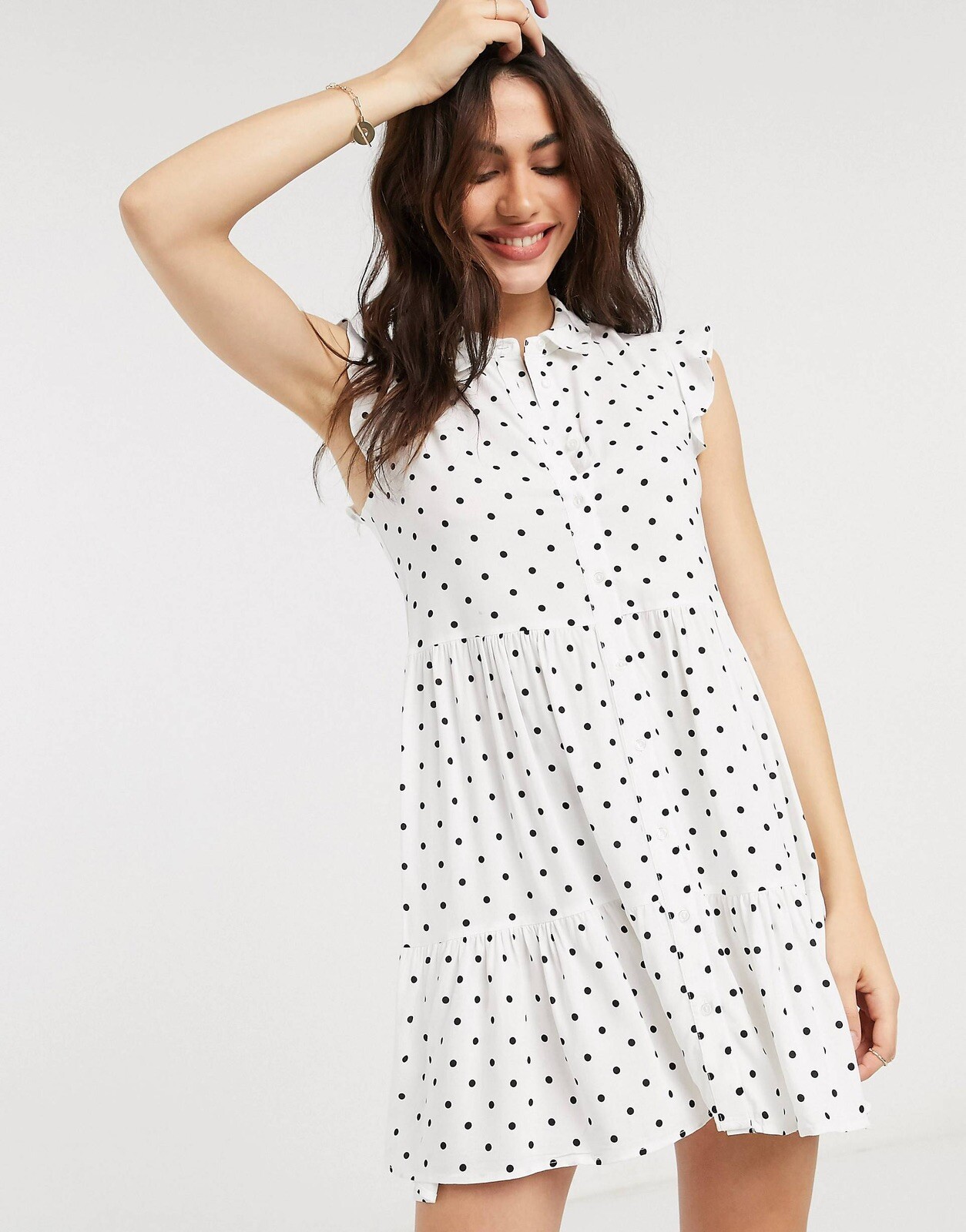 STRADIVARIUS Dress Polka Dots Sz L White & Black Ruffle Sleeve Babydoll