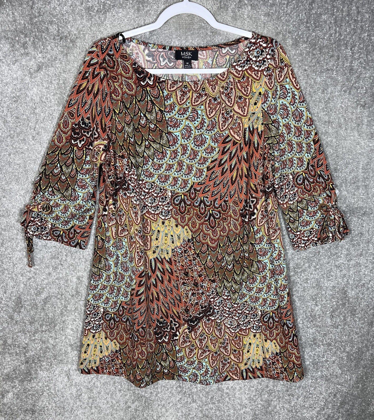 MSK Dress Womens Size 1X Brown Blue Floral Stretch 3/4 Tie Cuff Sleeve Hemmed