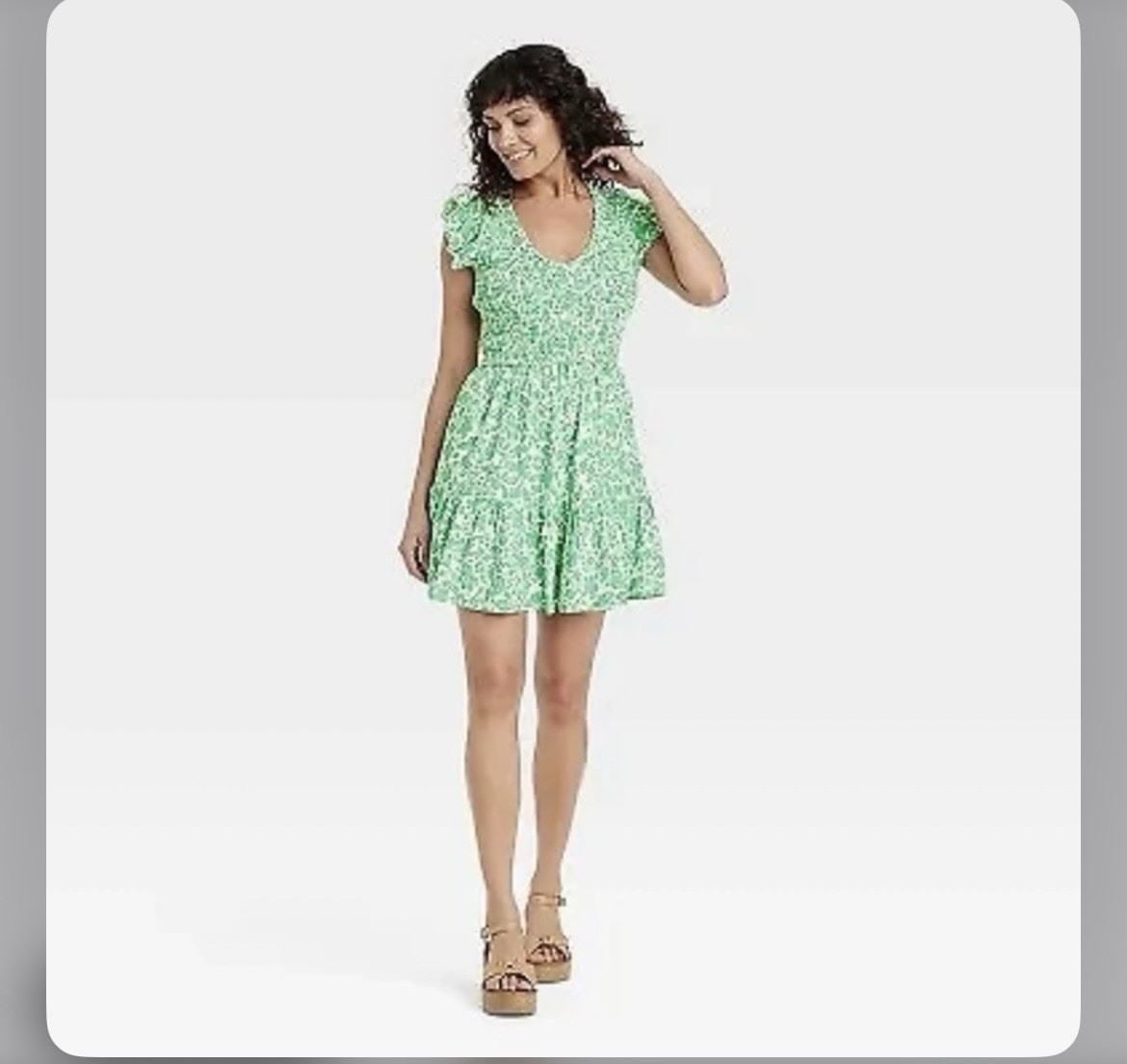 Target Women’s Floral Fit & Flare Dress Green/White Smocked V-Neck XL Short
