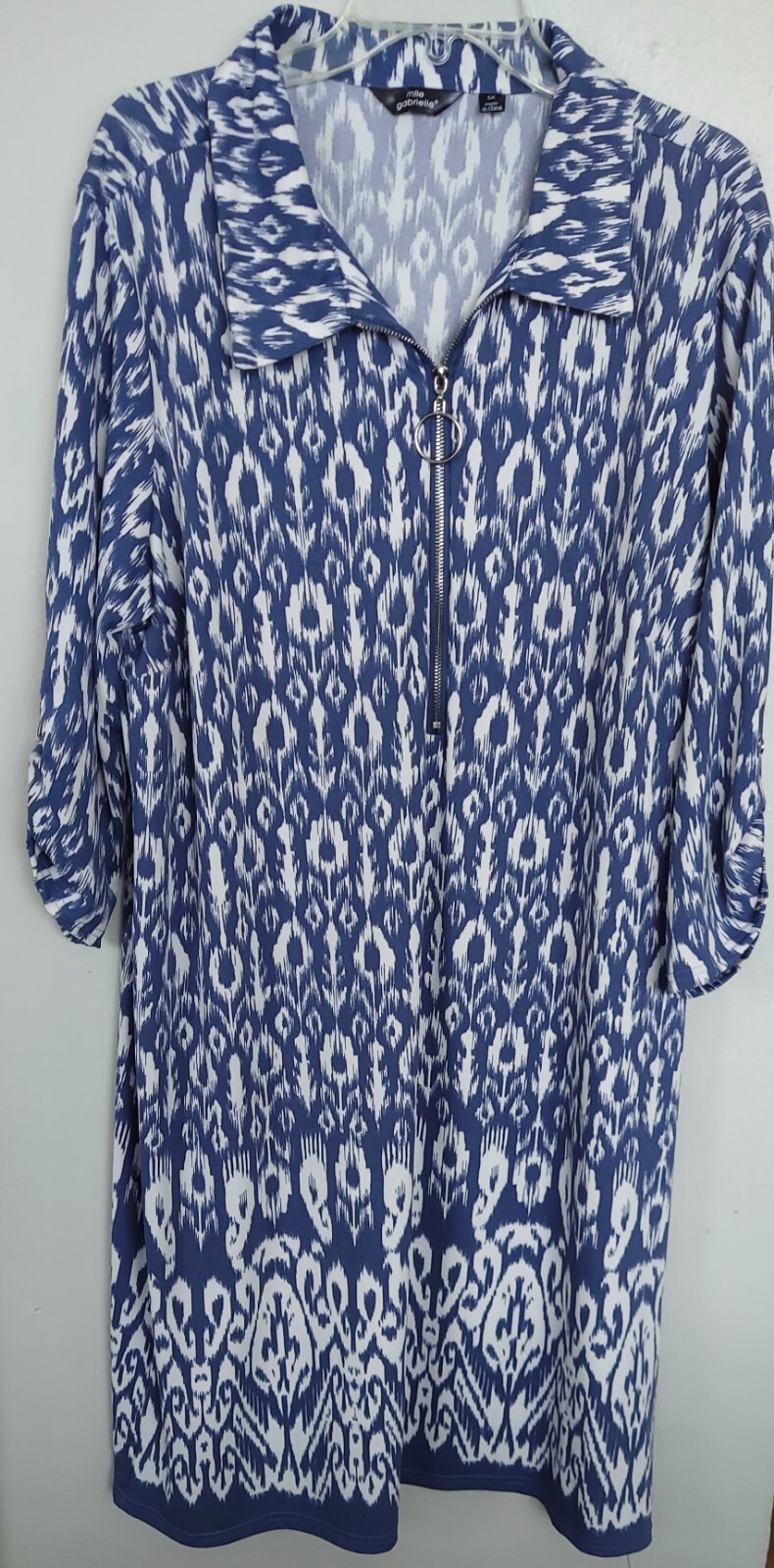 Mile Gabrielle Dress Half Zip Front Roll Tab Sleeve Collared Blue/White Mid 3X