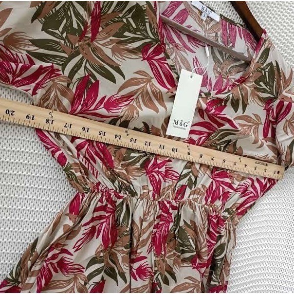 Parisian NWT Tropical Leaf Maxi Dress S 100% Cotton Pink Green Long Slv $158