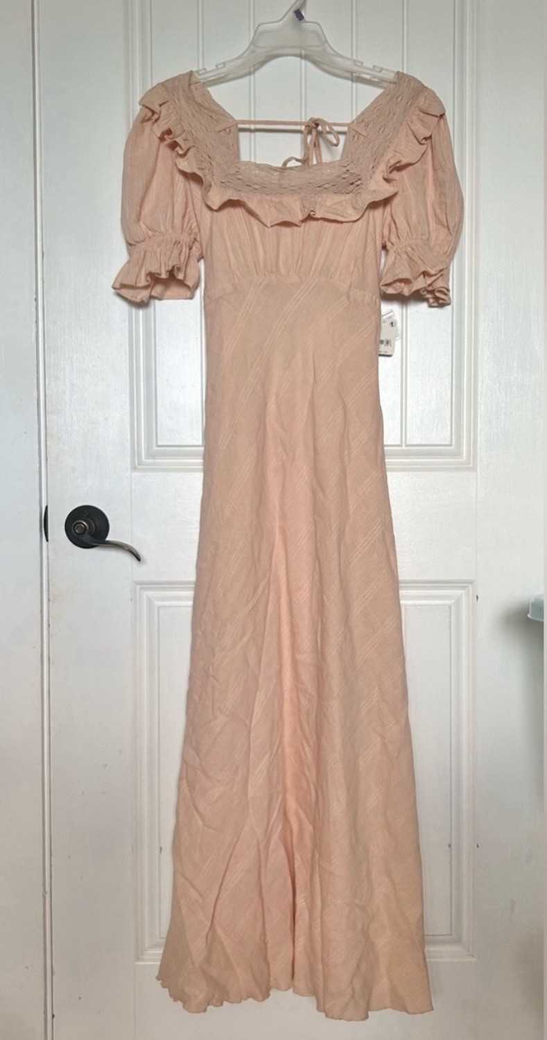 NWT Free People Peach Solid Square Neck Puff Sleeve Ruffle Maxi Dress Size S