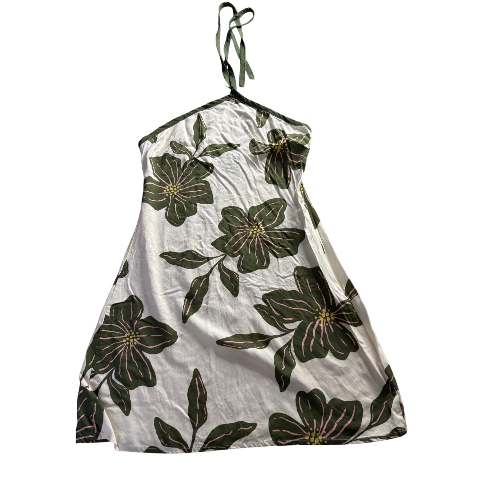 Floral Halter Mini Dress Cream Green Pink Tropical Rayon Summer Sun Dress