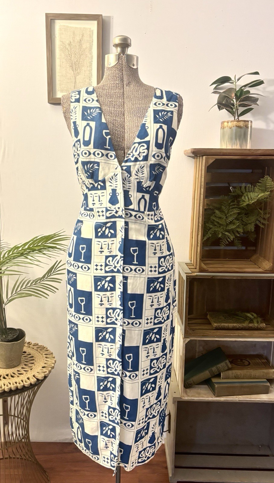 Emerson Fry RARE Linen Sleeveless XS Dress Graphic Motif Mediterranean Folk Art