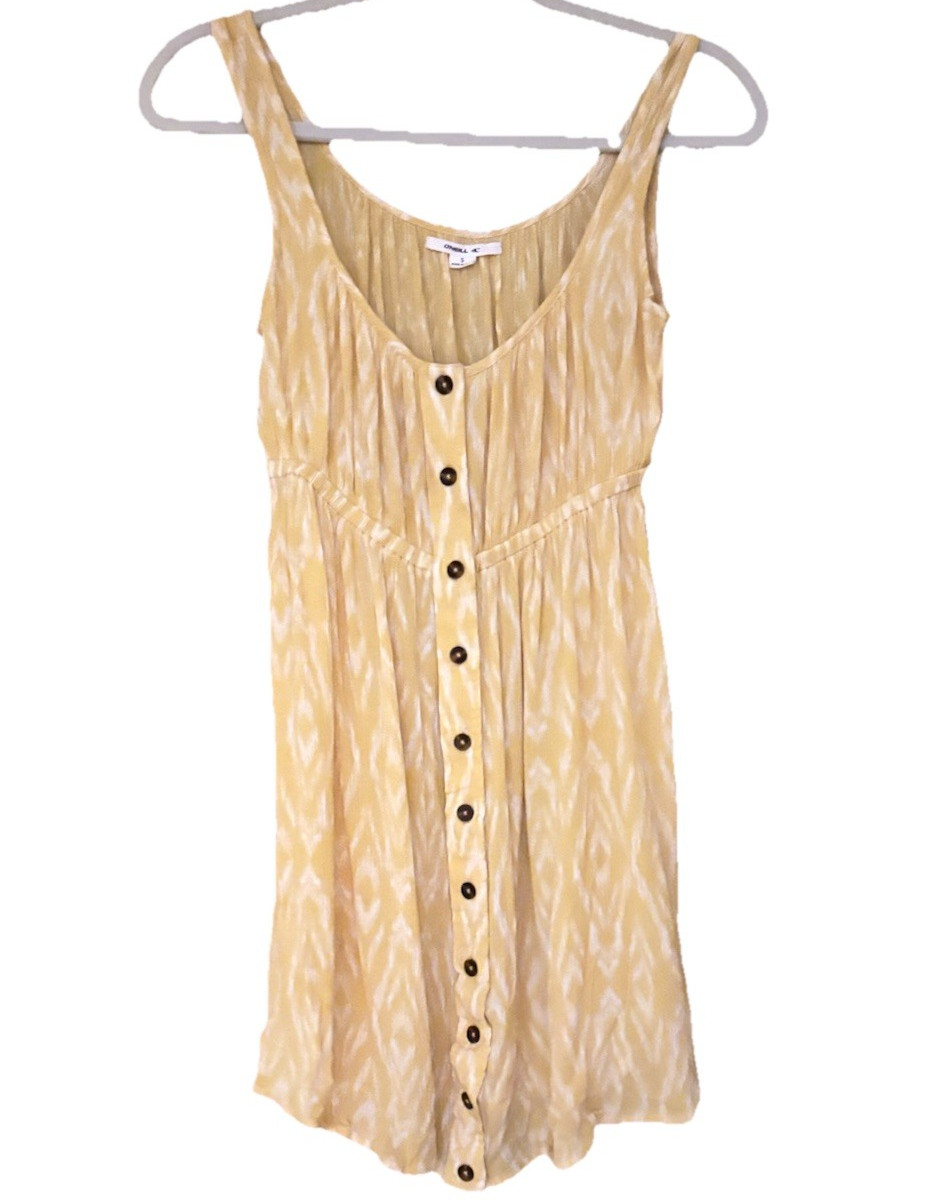O’Neill Women’s Yellow/White Ikat Scoop Neck Sleeveless Button Mini Dress S