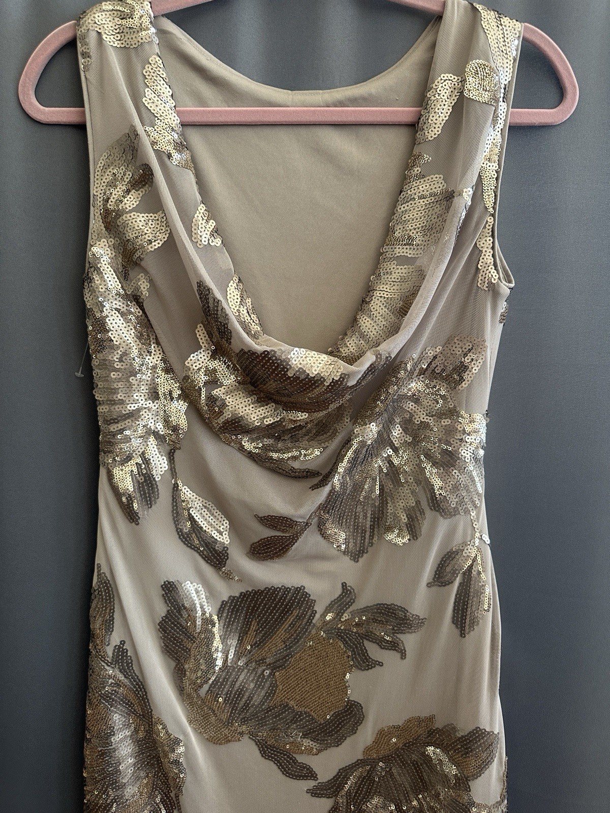 Donna Karan Cowl Back Sequinned Mesh Gown, Beige/dark Clay,Sz 6,New No Tag